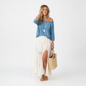 Honolua Surf Co HONOLUA WAHINE T-shirt SZ S Blue “Live Aloha” Off Shoulder Beach